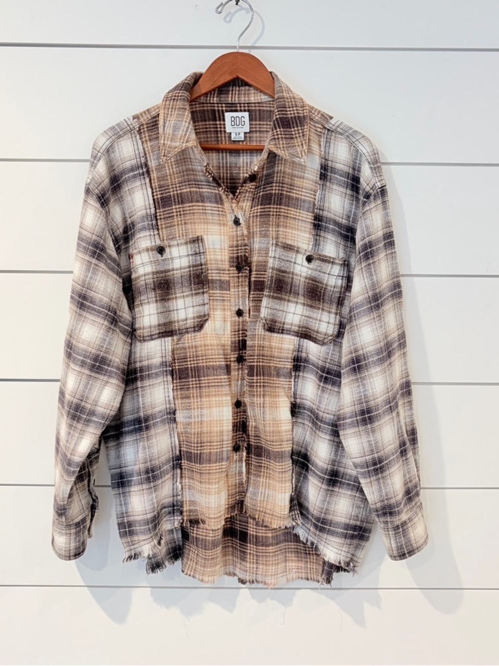 BDG Patchwork Plaid Flannel Shirt Small Grunge Distressed Raw Hem Y2K Utility
